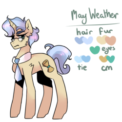 Size: 900x900 | Tagged: safe, artist:hrosy, oc, oc only, oc:may weather, pony, unicorn, blue hair, cutie mark, eyebrows, female, fluffy, frown, full body, glasses, green eyes, messy mane, necktie, reference sheet, scroll, shading, simple background, solo, transparent background