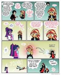 Size: 902x1124 | Tagged: safe, artist:crydius, sci-twi, sunset shimmer, twilight sparkle, oc, oc:crydius, comic:love advice, equestria girls, g4, bloodborne, blushing, blushing profusely, comic, cute, female, lesbian, looking at each other, magic, shimmerbetes, ship:sci-twishimmer, ship:sunsetsparkle, shipping, yoink