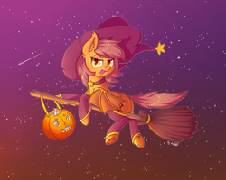 Size: 3125x2500 | Tagged: safe, alternate version, artist:dsp2003, oc, oc only, oc:meadow stargazer, bat pony, bedroom eyes, blushing, broom, candy, cute, female, flying, flying broomstick, food, frog (hoof), halloween, hat, high res, holiday, looking at you, mare, ocbetes, open mouth, pumpkin bucket, race swap, underhoof, witch, witch hat