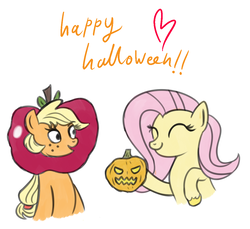 Size: 1119x1025 | Tagged: safe, artist:faience, applejack, fluttershy, g4, apple, clothes, costume, food, halloween, holiday, jack-o-lantern, pumpkin, simple background, white background
