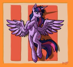 Size: 3775x3500 | Tagged: safe, artist:danton-y17, twilight sparkle, alicorn, pony, g4, abstract background, female, floppy ears, high res, looking at you, mare, raised hoof, smiling, solo, twilight sparkle (alicorn), wings