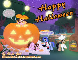 Size: 1024x791 | Tagged: safe, artist:shinta-girl, oc, oc only, oc:aaron pony, oc:joshka, oc:shinta pony, angel pony, group, halloween, holiday, jack-o-lantern, pumpkin