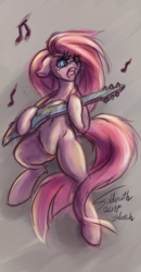 Size: 626x1200 | Tagged: safe, artist:foldeath, pinkie pie, earth pony, pony, g4, bipedal, crying, electric guitar, female, guitar, music, music notes, musical instrument, pinkamena diane pie, solo