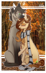 Size: 1160x1833 | Tagged: safe, artist:holoriot, oc, oc only, oc:autumn breeze, oc:stephen, earth pony, pony, unicorn, blushing, clothes, female, freckles, male, mare, scarf, shoulder freckles, sitting, stallion