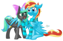 Size: 1211x800 | Tagged: safe, artist:unisoleil, oc, oc only, oc:flamelight dash, oc:starfire, pegasus, pony, blushing, bow, clothes, female, hair bow, male, mare, oc x oc, scarf, shared clothing, shared scarf, shipping, simple background, sitting, stallion, straight, transparent background