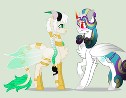 Size: 1015x787 | Tagged: safe, artist:owocrystalcatowo, oc, oc only, oc:ancient king, oc:shy heart, changepony, hybrid, original species, pony, blushing, female, mare, parent:oc:crystal heart, parent:thorax, simple background