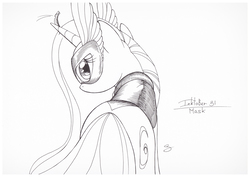Size: 1073x759 | Tagged: safe, artist:sherwoodwhisper, oc, oc only, oc:eri, mouse, pony, unicorn, cape, clothes, female, inktober, inktober 2017, looking at you, looking back, looking back at you, mask, monochrome, solo, traditional art