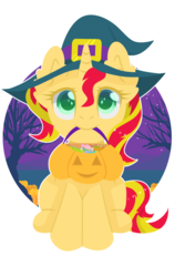 Size: 1200x1900 | Tagged: safe, artist:0okami-0ni, sunset shimmer, pony, unicorn, g4, colored pupils, cute, ear fluff, female, halloween, hat, holiday, mare, mouth hold, night, pumpkin bucket, shimmerbetes, simple background, sitting, solo, transparent background, tree, witch hat