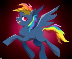 Size: 424x350 | Tagged: safe, artist:kaizo111, rainbow dash, pegasus, pony, g4, secrets and pies, evil pie hater dash, female, red background, sharp teeth, simple background, solo, teeth