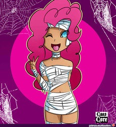Size: 750x820 | Tagged: safe, artist:caoscore, pinkie pie, human, g4, belly button, clothes, costume, female, humanized, midriff, mummy, patreon, patreon logo, peace sign, smiling, solo