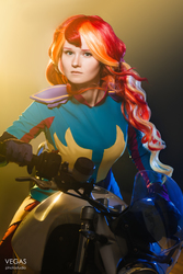 Size: 2667x4000 | Tagged: safe, artist:sunny-tooi, photographer:duginpv, sunset shimmer, human, equestria girls, g4, my little pony equestria girls: friendship games, clothes, cosplay, costume, female, irl, irl human, motorcross, motorcycle, photo, solo