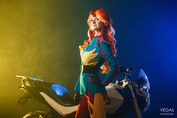 Size: 4000x2667 | Tagged: safe, artist:sunny-tooi, photographer:duginpv, sunset shimmer, human, equestria girls, g4, my little pony equestria girls: friendship games, clothes, cosplay, costume, female, irl, irl human, motorcross, motorcycle, photo, solo