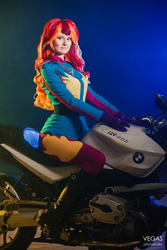Size: 2667x4000 | Tagged: safe, artist:sunny-tooi, photographer:duginpv, sunset shimmer, human, equestria girls, g4, my little pony equestria girls: friendship games, clothes, cosplay, costume, female, irl, irl human, motorcross, motorcycle, photo, sitting, solo