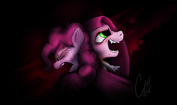 Size: 8372x4991 | Tagged: safe, artist:theravencriss, pinkie pie, earth pony, pony, g4, absurd resolution, black background, clothes, dr jekyll and mr hyde, dr pinkie and miss pie, eyes closed, female, mare, open mouth, pinkamena diane pie, signature, simple background