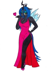 Size: 2482x3462 | Tagged: safe, artist:killerteddybear94, queen chrysalis, changeling, changeling queen, anthro, g4, beautiful, beautisexy, blowing a kiss, breasts, busty queen chrysalis, cleavage, clothes, crown, dress, female, green eyes, hand on hip, heart, high heels, high res, horn, jewelry, looking at you, one eye closed, queen, regalia, sexy, shoes, side slit, simple background, solo, stupid sexy chrysalis, traditional art, white background, wings, wink