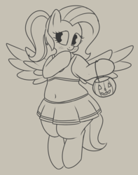Size: 792x1004 | Tagged: safe, artist:andelai, fluttershy, pegasus, semi-anthro, g4, arm hooves, belly, belly button, blushing, cheerleader, chubby, clothes, cute, female, halloween, holiday, jack-o-lantern, moe, plump, ponytail, pumpkin, pumpkin bucket, sketch, skirt, solo, wings