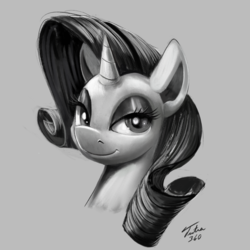 Size: 1200x1200 | Tagged: safe, artist:tsitra360, rarity, pony, unicorn, g4, female, looking at you, mare, monochrome, simple background, smiling, solo