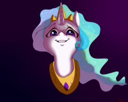 Size: 2500x2000 | Tagged: safe, artist:miokomata, princess celestia, pony, unicorn, g4, bust, crown, face, female, gradient background, high res, horn, jewelry, looking at you, mare, peytral, portrait, regalia, simple background, smiling, smug, solo, underlighting