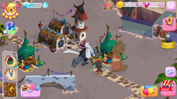Size: 960x540 | Tagged: safe, gameloft, screencap, applejack, grubber, klavis, mullet (g4), squabble, parrot pirates, storm creature, g4, my little pony: the movie, duckery in the description, klugetown, pirate, spiky klugetowner, storm creature general, storm guard, unnamed character, unnamed klugetowner