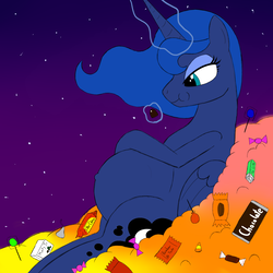 Size: 2000x2000 | Tagged: safe, artist:20thx5150, princess luna, alicorn, pony, g4, belly, candy, chocoluna, eating, female, fertile fright, food, halloween, high res, holiday, luna loves chocolate, magic, nightmare night, pregluna, pregnant, solo, that pony sure does love chocolate