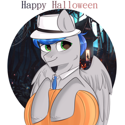 Size: 4000x4000 | Tagged: safe, artist:pesty_skillengton, oc, oc only, oc:record melodie, pegasus, pony, fedora, hat, necktie, pumpkin