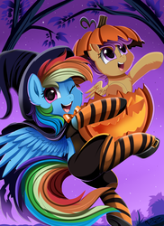 Size: 2550x3509 | Tagged: safe, artist:pridark, rainbow dash, scootaloo, pegasus, pony, g4, clothes, cute, cutealoo, dashabetes, female, filly, foal, halloween, hat, high res, holiday, jack-o-lantern, looking at you, mare, night, nightmare night, one eye closed, open mouth, open smile, pridark is trying to murder us, pumpkin, raised hoof, raised leg, scootalove, smiling, socks, spread wings, stars, striped socks, tree, wings, wink, witch hat