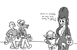 Size: 885x576 | Tagged: safe, artist:jargon scott, oc, oc only, oc:brownie bun, oc:horsey husband, oc:human wifey, oc:richard, earth pony, human, pony, bald, clothes, costume, cowboy, cowboy hat, cultural appropriation, dialogue, elvira, grayscale, halloween, hat, hoers mask, holiday, mask, meme, monochrome, offended, pony costume, pumpkin bucket, sheriff's badge, simple background, skeleton costume, trick or treat, triggered, unamused, white background