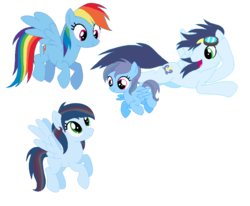 Size: 952x784 | Tagged: safe, artist:cindystarlight, rainbow dash, soarin', oc, oc:blue, oc:rainbow storm, pegasus, pony, g4, female, filly, male, offspring, parent:rainbow dash, parent:soarin', parents:soarindash, ship:soarindash, shipping, simple background, straight, transparent background