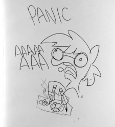 Size: 1322x1469 | Tagged: safe, artist:tjpones, oc, oc only, oc:tjpones, earth pony, pony, aaaaaaaaaa, black and white, drawing, dual wield, duct tape, grayscale, inktober, lineart, meme, monochrome, panic, pencil, screaming, solo, special eyes, traditional art