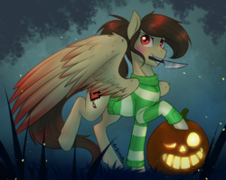 Size: 3036x2426 | Tagged: safe, artist:askbubblelee, oc, oc only, oc:pixel, pegasus, pony, chara, clothes, female, halloween, high res, holiday, jack-o-lantern, knife, mare, mouth hold, pumpkin, solo, sweater, undertale
