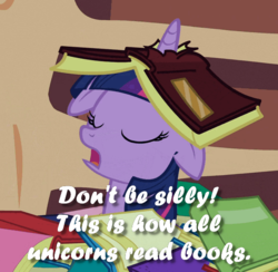 Size: 520x508 | Tagged: safe, edit, edited screencap, screencap, twilight sparkle, pony, unicorn, g4, secret of my excess, blatant lies, book, eyes closed, female, floppy ears, golden oaks library, horn, horn impalement, mare, open mouth, text