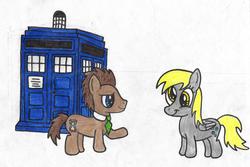 Size: 2055x1375 | Tagged: safe, artist:thefieryhawk, derpy hooves, doctor whooves, time turner, g4, doctor who, tardis, traditional art