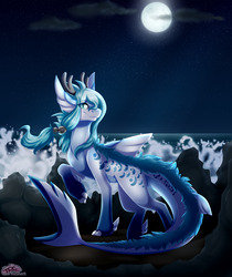 Size: 2600x3100 | Tagged: safe, artist:pinktabico, oc, oc only, oc:cascade, dracony, hybrid, original species, shark pony, commission, female, full moon, high res, looking at you, mare, moon, night, night sky, ocean, raised claw, rock, sky, smiling, solo, starry night, stars, windswept mane