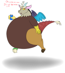 Size: 2160x2430 | Tagged: safe, artist:bloatable, discord, draconequus, g4, air inflation, belly, bhm, big belly, blimpcord, fat, fat legs, fat tail, fatcord, floating, high res, huge belly, inflated tail, inflation, male, misspelling, neck roll, puffy cheeks, round belly, simple background, soda can, soda inflation, solo, spherical inflation, tail, thighs, thunder thighs, transparent background