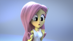 Size: 1600x900 | Tagged: safe, artist:creatorofpony, artist:efk-san, fluttershy, equestria girls, g4, 3d, 4k wallpaper, clothes, cute, female, necklace, open mouth, shyabetes, simple background, solo, tank top
