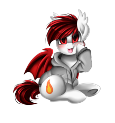 Size: 3550x3809 | Tagged: safe, artist:pridark, oc, oc only, bat pony, pony, bat pony oc, clothes, commission, cute, high res, hoodie, red eyes, silly, silly pony, simple background, sitting, solo, tongue out, transparent background, underhoof