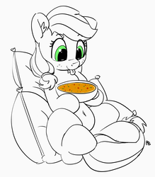 Size: 3746x4281 | Tagged: safe, artist:pabbley, applejack, earth pony, pony, g4, belly button, cute, female, food, jackabetes, partial color, pillow, solo, soup, tongue out