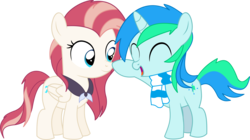 Size: 7640x4276 | Tagged: safe, artist:cyanlightning, oc, oc only, oc:aureai, oc:cyan lightning, pegasus, pony, unicorn, g4, .svg available, absurd resolution, boop, clothes, colt, cute, eyes closed, female, filly, male, ocbetes, scarf, simple background, transparent background, vector, younger