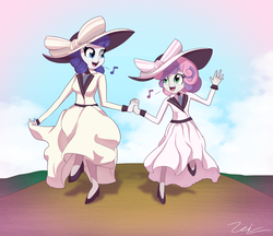 Size: 2313x2000 | Tagged: safe, artist:zelc-face, rarity, sweetie belle, equestria girls, g4, clothes, cute, diasweetes, dress, female, giant hat, hat, high res, holding hands, music notes, raribetes, raristocrat, rose dewitt bukater, singing, sisters, skipping, smiling, titanic