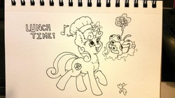 Size: 3771x2121 | Tagged: safe, artist:malwinters, sweetie belle, pony, squid, g4, bowl, dialogue, high res, inktober, magic, open mouth, telekinesis, traditional art