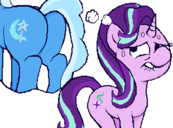 Size: 310x230 | Tagged: safe, artist:nugakku, starlight glimmer, trixie, pony, unicorn, g4, aseprite, butt, dat ass, female, flipnote studio 3d, lesbian, lip bite, mare, meme, pixel art, plot, ship:startrix, shipping, simple background, the great and powerful ass, thinking, thought bubble, unf, white background