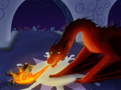 Size: 2535x1900 | Tagged: safe, artist:haasiophis-sahel, king sombra, dragon, pony, unicorn, g4, crossover, crystal empire, dragonfire, duo, fanart mashup challenge, fight, fire, fire breath, lord of the rings, male, smaug the golden, stallion