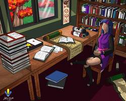 Size: 12600x10197 | Tagged: dead source, safe, artist:penspark, twilight sparkle, human, g4, absurd resolution, book, chair, clothes, dark skin, eyes closed, female, humanized, indoors, naruto, scenery, scroll, shelf, sitting, solo, window