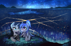 Size: 1020x660 | Tagged: safe, artist:kawaiipony2, oc, oc only, oc:blackwork, oc:coma comet, pegasus, pony, unicorn, city, commission, cute, fence, glasses, lights, night, scenery, scenery porn, stars