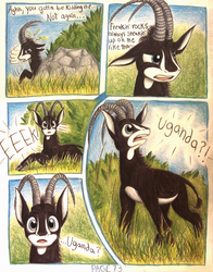 Size: 1072x1364 | Tagged: safe, artist:thefriendlyelephant, oc, oc only, oc:sabe, antelope, giant sable antelope, comic:sable story, africa, animal in mlp form, bush, cloven hooves, comic, concerned, distressed, eek, grass, horns, pain, rock, traditional art