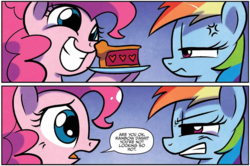 Size: 1160x772 | Tagged: safe, artist:agnesgarbowska, idw, pinkie pie, rainbow dash, pony, g4, secrets and pies, spoiler:comic, spoiler:comic59, comic, cross-popping veins, eat my pie, female, food, gritted teeth, mare