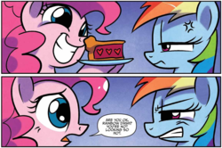 Size: 1160x772 | Tagged: safe, artist:agnes garbowska, idw, official comic, pinkie pie, rainbow dash, pony, g4, secrets and pies, spoiler:comic, spoiler:comic59, comic, cross-popping veins, eat my pie, female, food, gritted teeth, mare