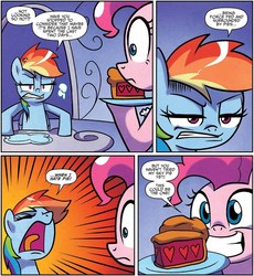 Size: 1161x1261 | Tagged: safe, artist:agnes garbowska, idw, official comic, pinkie pie, rainbow dash, g4, secrets and pies, spoiler:comic, spoiler:comic59, angry, eat my pie, rainbow dash is not amused, unamused