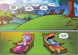 Size: 1172x826 | Tagged: safe, artist:agnes garbowska, idw, official comic, pinkie pie, rainbow dash, g4, secrets and pies, spoiler:comic, spoiler:comic59, chillaxing