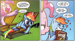 Size: 1161x630 | Tagged: safe, artist:agnesgarbowska, idw, daring do, pinkie pie, rainbow dash, g4, secrets and pies, spoiler:comic, spoiler:comic59, book, eyes closed, heart, holding something, pinkie pie is not amused, raised hoof, sparkles, unamused